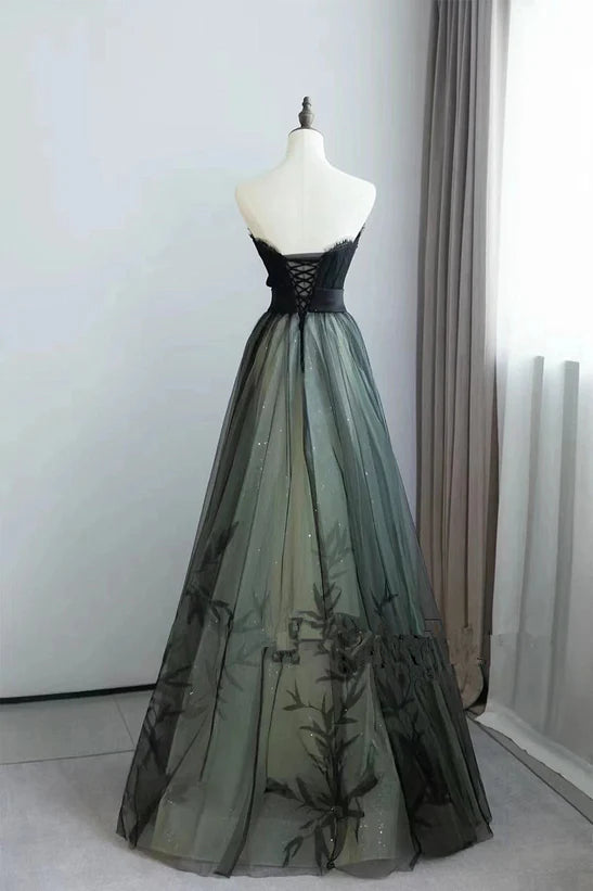 A-line Black and Green Tulle with Lace Long Prom Dress