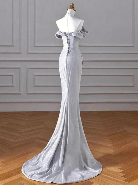 Silver Glitter Fabric Mermaid Off-the-Shoulder Lace-Up Back Floor-Length Dress