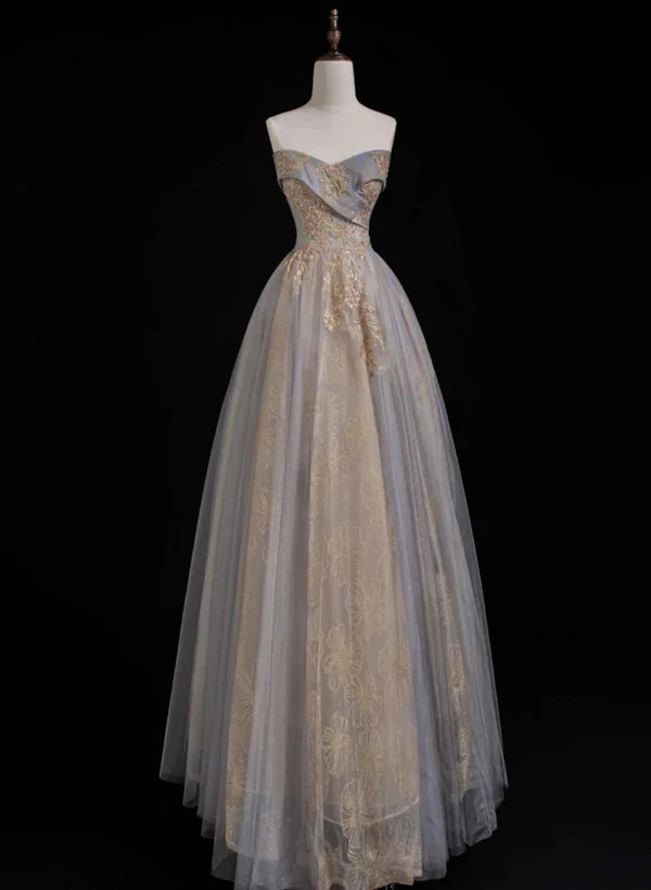 A Line Sweetheart Tulle and Lace Long Prom Dress