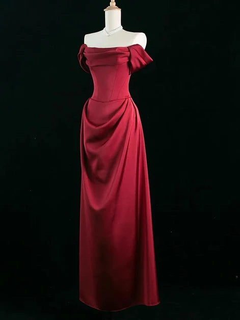 Burgundy Satin Sheath Off-the-Shoulder Zipper Back Floor-Length Dress