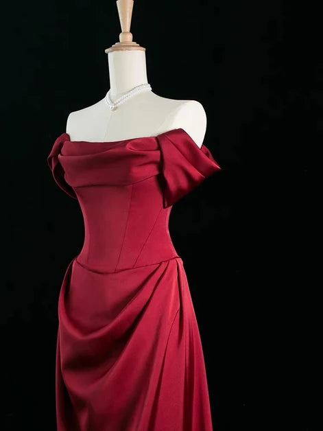 Burgundy Satin Sheath Off-the-Shoulder Zipper Back Floor-Length Dress