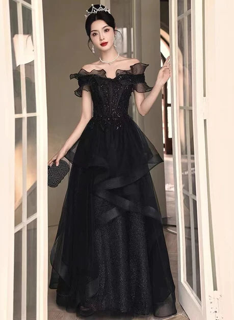 Black Sequin Tulle A-Line Off-the-Shoulder Zipper Back Floor-Length Dress