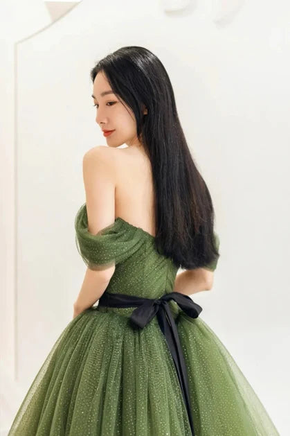 Olive Green Glitter Tulle Ball Gown Off-the-Shoulder V-Back Floor-Length Dress