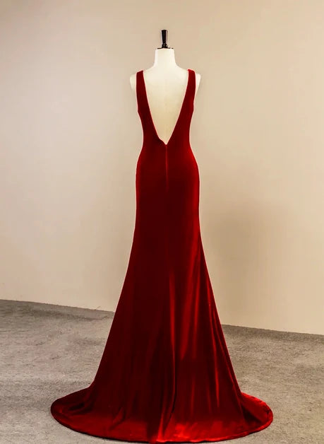Burgundy Velvet Sheath Plunging V-Neck Low V-Back Floor-Length Dress
