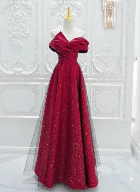Burgundy Glitter Fabric A-Line Off-the-Shoulder Lace-up Floor-Length Dress