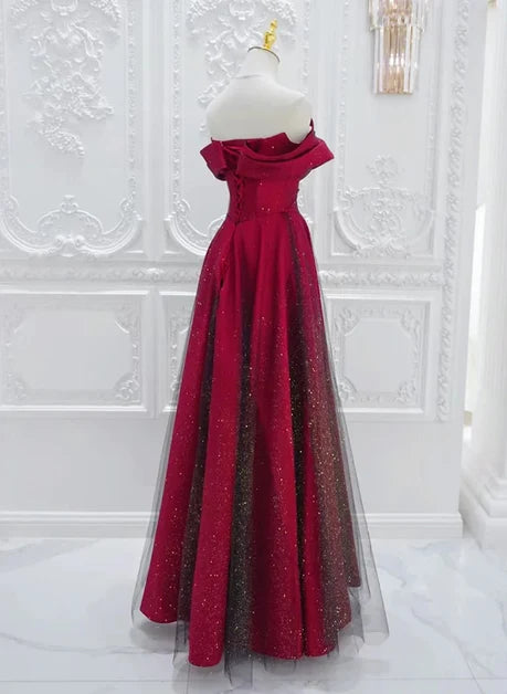 Burgundy Glitter Fabric A-Line Off-the-Shoulder Lace-up Floor-Length Dress