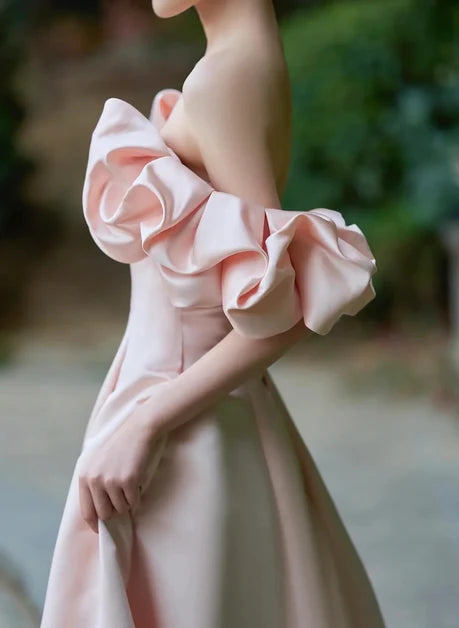 Blushing Pink Satin A-Line Off-the-Shoulder Zipper-Back Floor-Length Dress