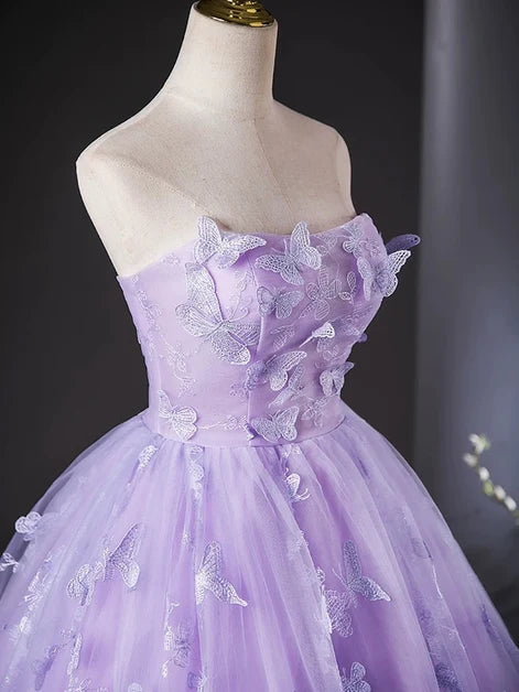 Lavender Tulle Ball Gown Strapless Lace-Up Back Floor-Length Dress