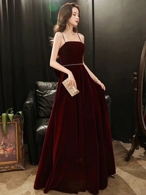 Burgundy Velvet A-Line Straight Across Lace-Up Back Floor-Length Dress