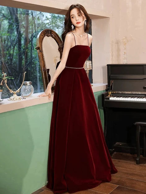 Burgundy Velvet A-Line Straight Across Lace-Up Back Floor-Length Dress