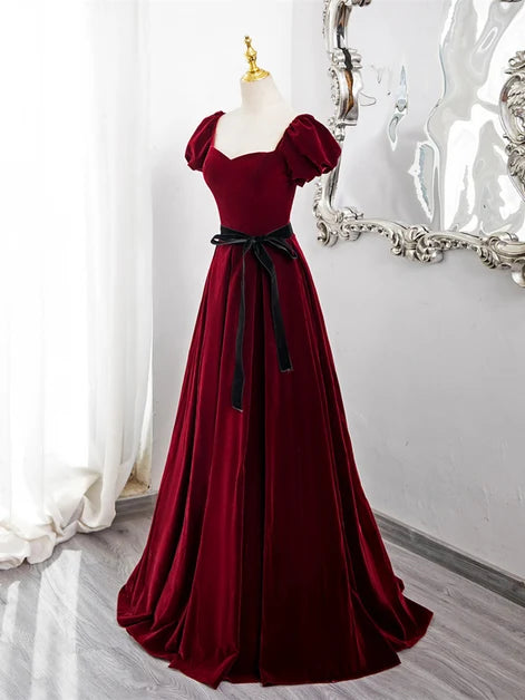 Burgundy Velvet A-Line Sweetheart Lace-Up Back Floor-Length Dress