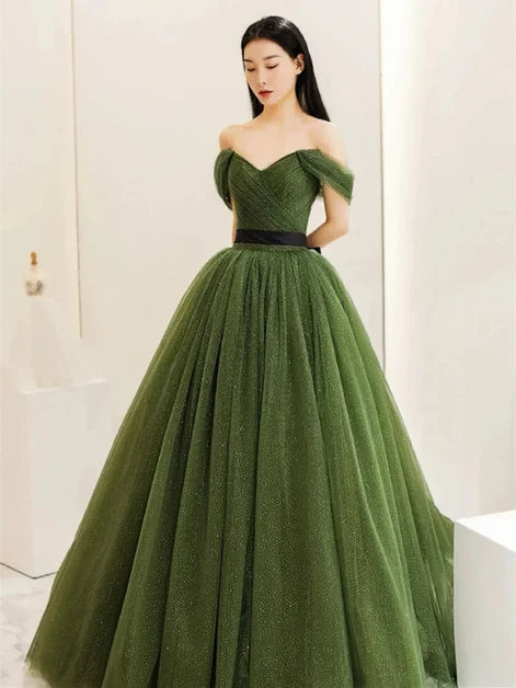 Olive Green Glitter Tulle Ball Gown Off-the-Shoulder V-Back Floor-Length Dress