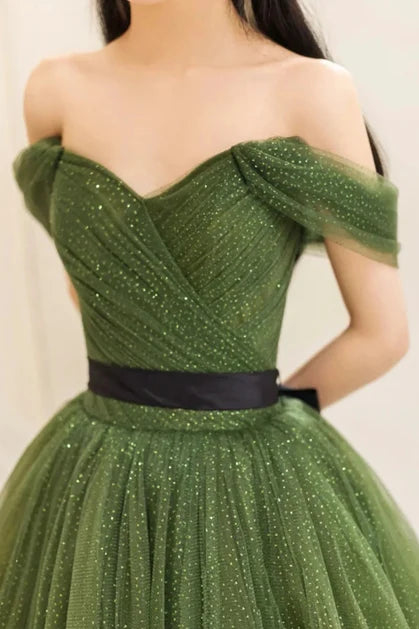 Olive Green Glitter Tulle Ball Gown Off-the-Shoulder V-Back Floor-Length Dress