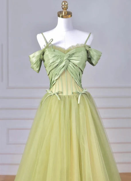 Sage Green Tulle & Satin A-Line Sweetheart Zipper Back Floor-Length Dress