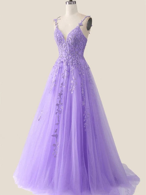 Lavender Tulle with Lace Appliques A-Line V-Neck Lace-Up Back Floor-Length Dress