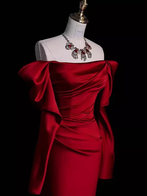 Burgundy Satin Trumpet Off-the-Shoulder Zipper Back Floor-Length Dress