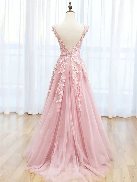 Blushing Pink Tulle & Lace A-Line Scoop Neck V-Back Floor-Length Dress