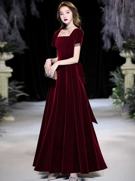 Burgundy Velvet A-Line Square Neck Back Zip Floor-Length Dress