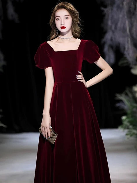 Burgundy Velvet A-Line Square Neck Back Zip Floor-Length Dress