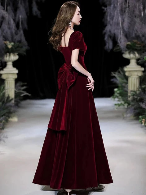 Burgundy Velvet A-Line Square Neck Back Zip Floor-Length Dress