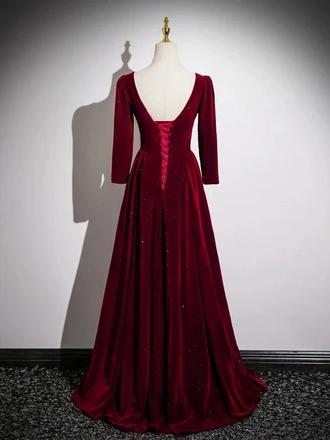 Burgundy Glitter Velvet A-Line Sweetheart Lace-Up Back Floor-Length Dress