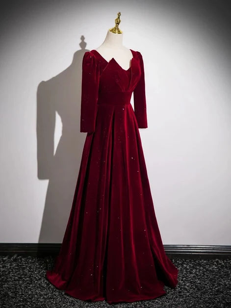 Burgundy Glitter Velvet A-Line Sweetheart Lace-Up Back Floor-Length Dress
