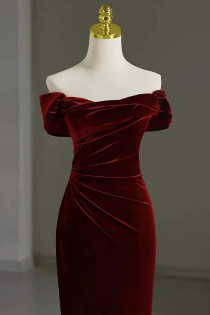 Burgundy Velvet Mermaid Off-the-Shoulder Lace-Up Back Floor-Length Dress