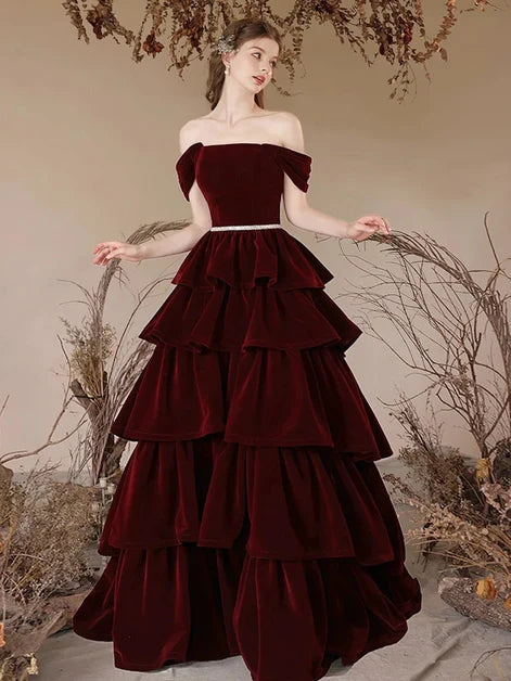 Burgundy Velvet Tiered Off-the-Shoulder Lace-Up Back Floor-Length Dress