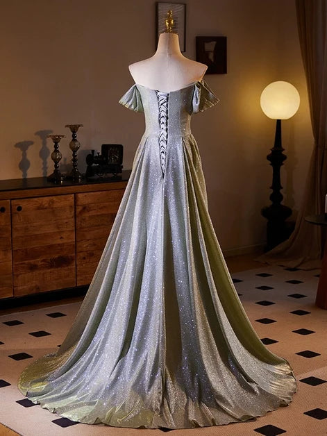 Silver Glitter Fabric A-Line Off-the-Shoulder Lace-Up Back Floor-Length Dress