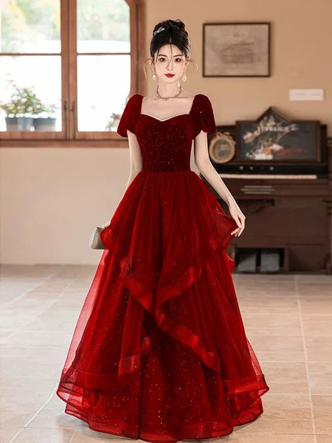 Burgundy Glitter Tulle & Velvet A-Line Sweetheart Zipper-Back Floor-Length Dress