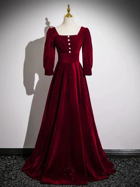 Burgundy Glitter Velvet A-Line Square Neck Lace-Up Back Floor-Length Dress