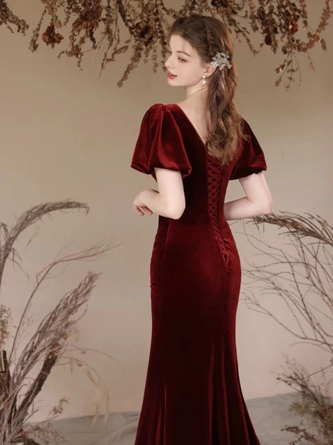 Burgundy Velvet Mermaid Sweetheart Lace-Up Back Floor-Length Dress