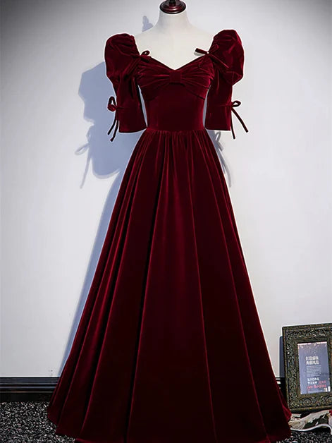 Burgundy Velvet A-Line Sweetheart Lace-Up Back Floor-Length Dress