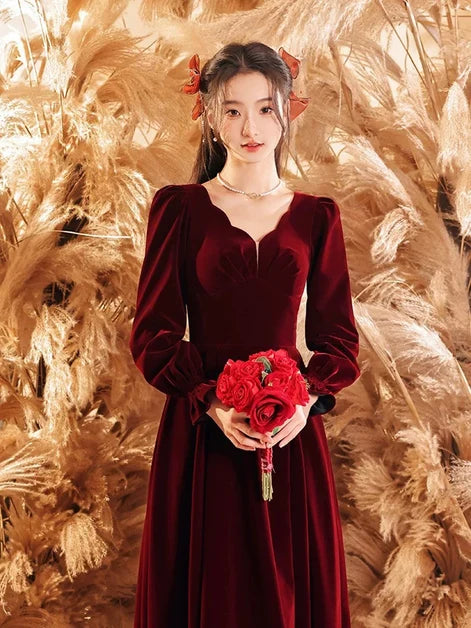 Burgundy Velvet A-Line Sweetheart V-Back Ankle-Length Dress