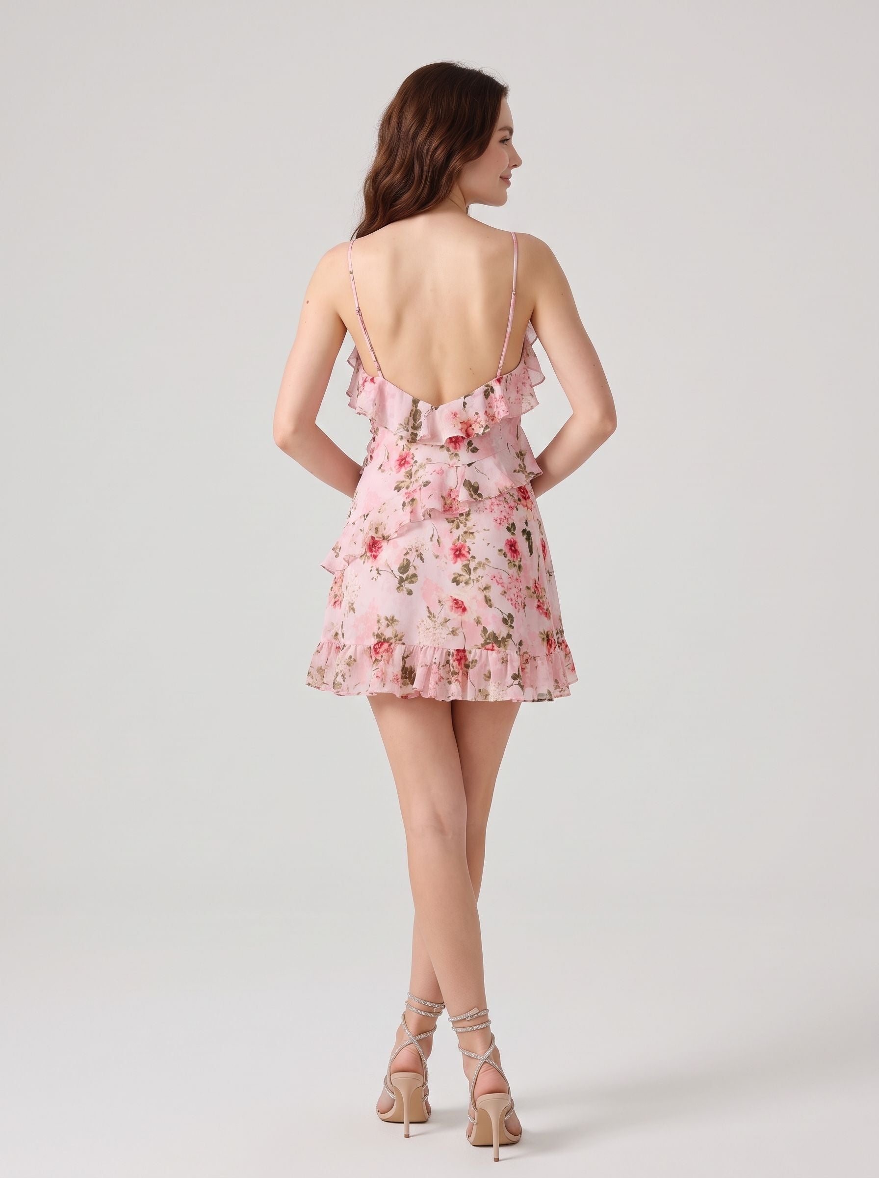 Pink Floral Chiffon A-Line V-Neck Low Back Mini Dress