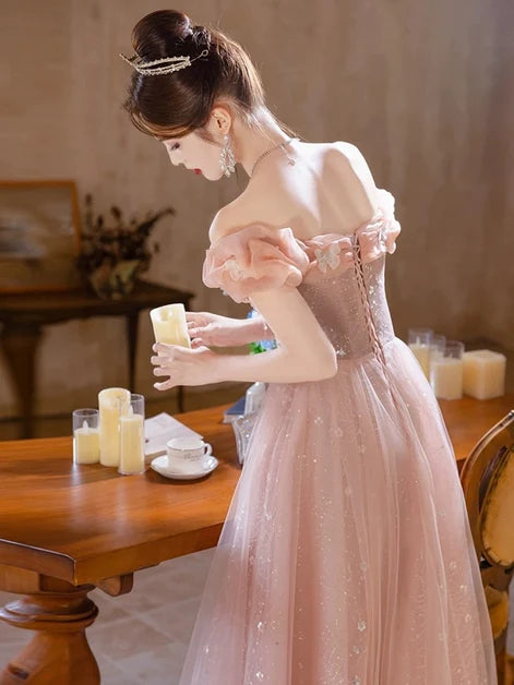 Blushing Pink Glitter Tulle A-Line Off-the-Shoulder Floor-Length Dress