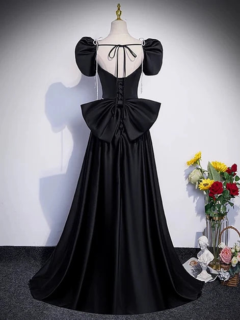 Black Satin A-Line Square Neck Lace-Up Back Floor-Length Dress