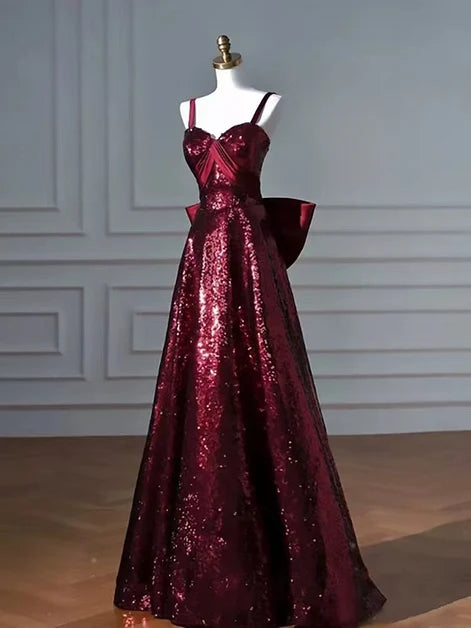 Burgundy Sequin A-Line Sweetheart Low Back with Statement Bow Floor-Length Dress