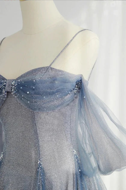Dusty Blue Glitter Fabric A-Line Sweetheart Zipper Back Floor-Length Dress