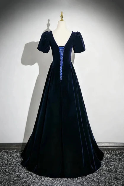 Dark Navy Velvet A-Line Sweetheart Lace-Up Back Floor-Length Dress