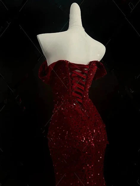 Burgundy Sequin Trumpet Off-the-Shoulder Lace-Up Back Floor Length Dress