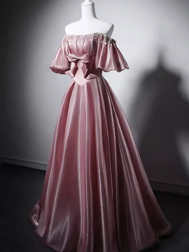 Dusty Rose Shimmer Satin A-Line Off-the-Shoulder Lace-Up Back Floor-Length Dress