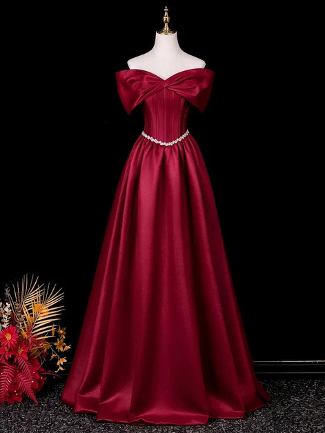 Burgundy Satin A-Line Off-the-Shoulder Lace-Up Back Floor-Length Dress