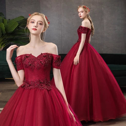 Burgundy Tulle Ball Gown Off-the-Shoulder Lace-Up Back Floor-Length Dress