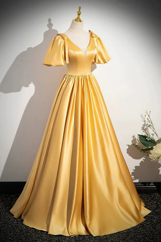 Vestido de fiesta largo de satén amarillo con escote en V y corte A