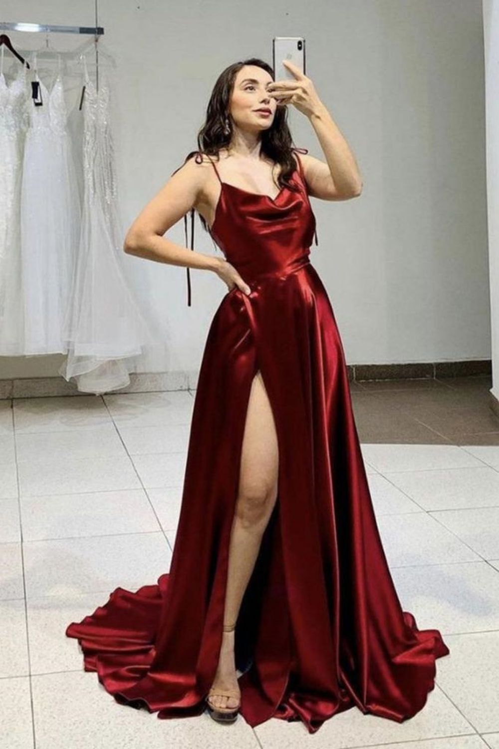 Weitese Simple A Line Spaghetti Straps Burgundy Prom Dress with Slit