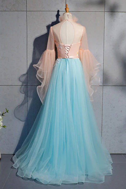 Blue Tulle Lace Long Sleeves Floor Length Prom Dress