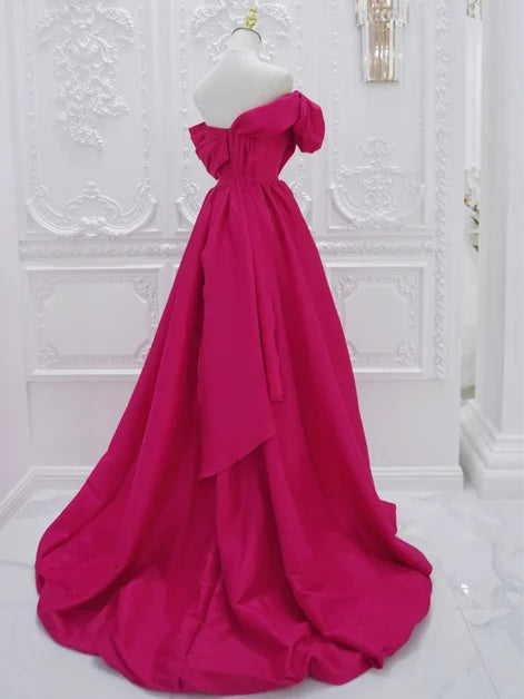 Fuchsia Satin A-Line Off-the-Shoulder Low-Back High-Low Dress