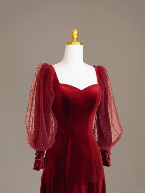 Burgundy Velvet A-Line Sweetheart Zipper Back Floor-Length Dress