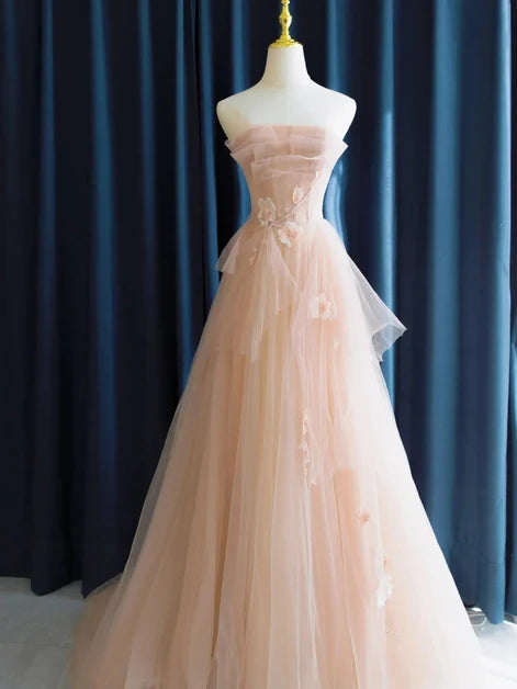Blushing Pink Tulle A-Line Straight Across Zipper Back Floor-Length Dress